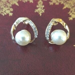 Gold-tone pierced earrings post style faux pearl with rhinestones